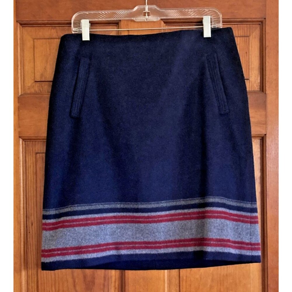 Talbots Women's 10‎ Wool Blend Mini Shirt Navy Stripe w/ Pockets, Zipper Accent